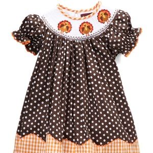 Polka Dot Gingham Turkeys Smocked Bishop Dress